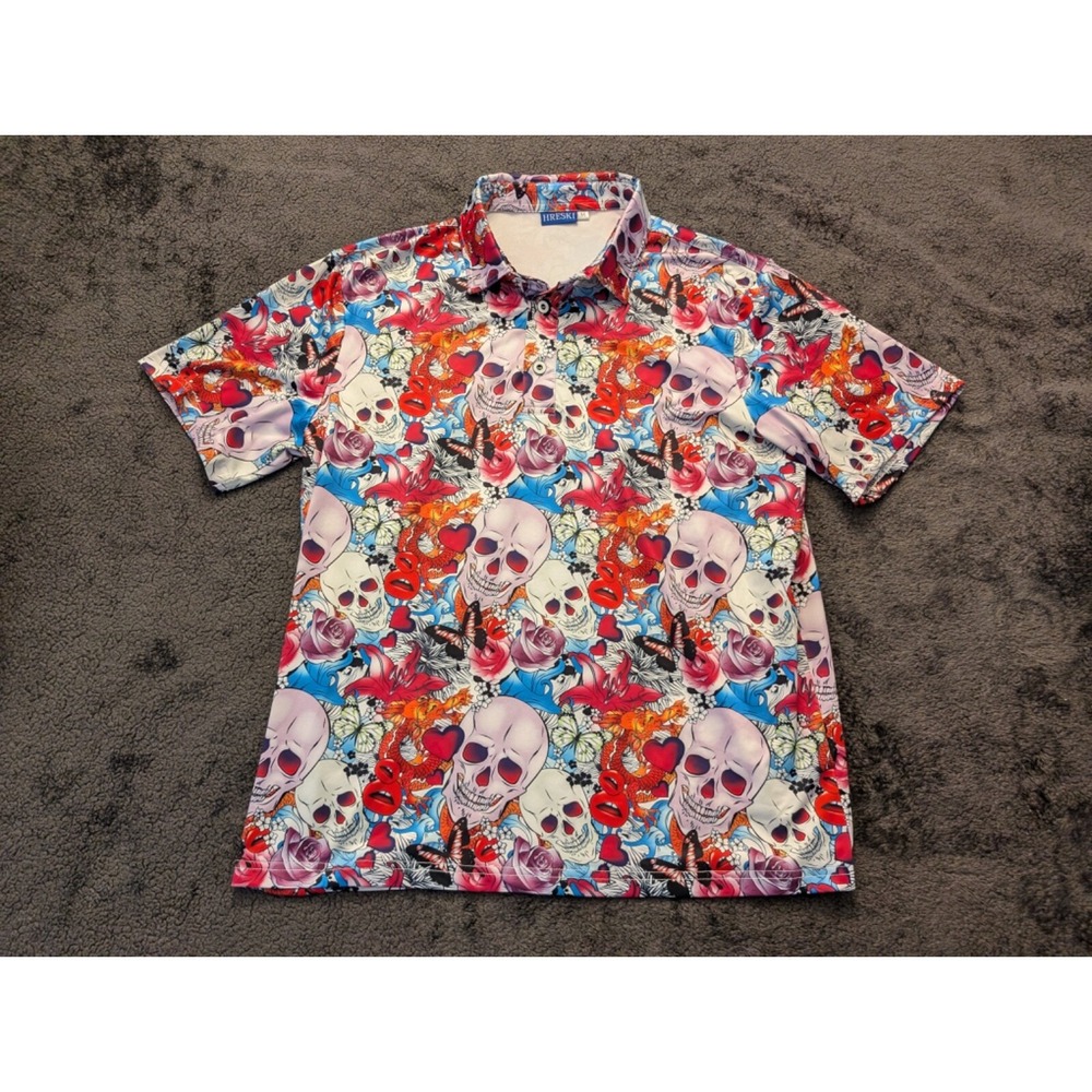 Hreski Polo Shirt Mens M Abstract Skulls Dragons Roses Flowers Golf Performance